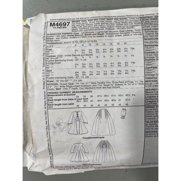 Y2K McCalls M4697 Sewing Pattern Size 14-20 Civil War Era Coat Skirt Shawl UNCUT - Picture 5 of 6